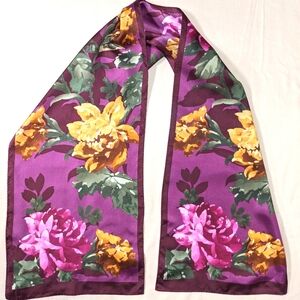 Adrienne Vittadini Purple Floral Themed Silk Scarf - size 11.5" x 54"